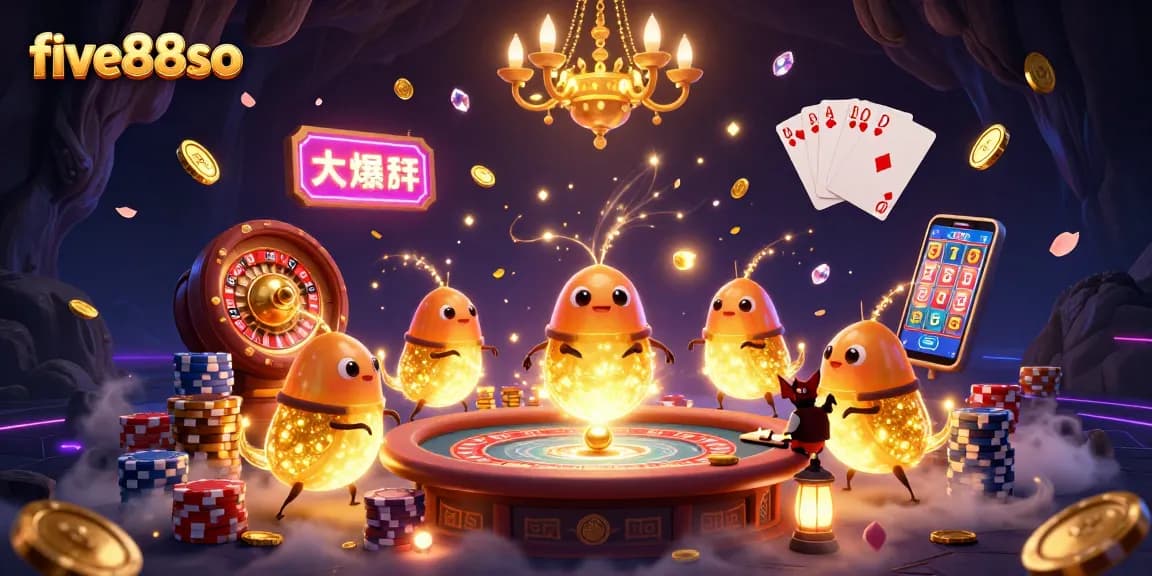 Experience thrilling moments in five88so's vibrant cave casino with bioluminescent glowworms.