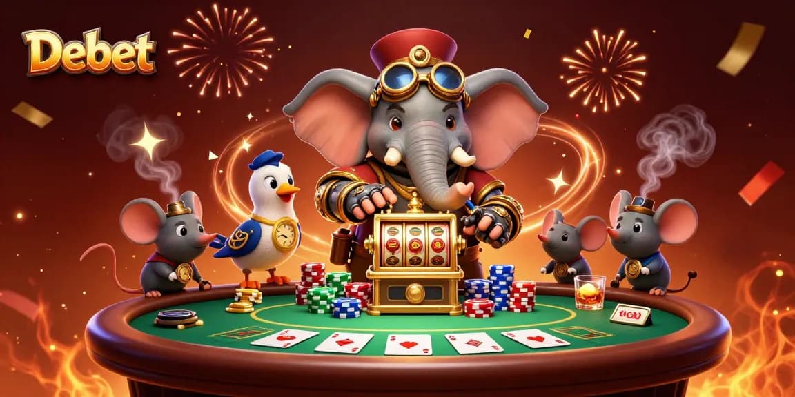 Win big with Debet at an exciting steampunk casino scene packed with vibrant action.