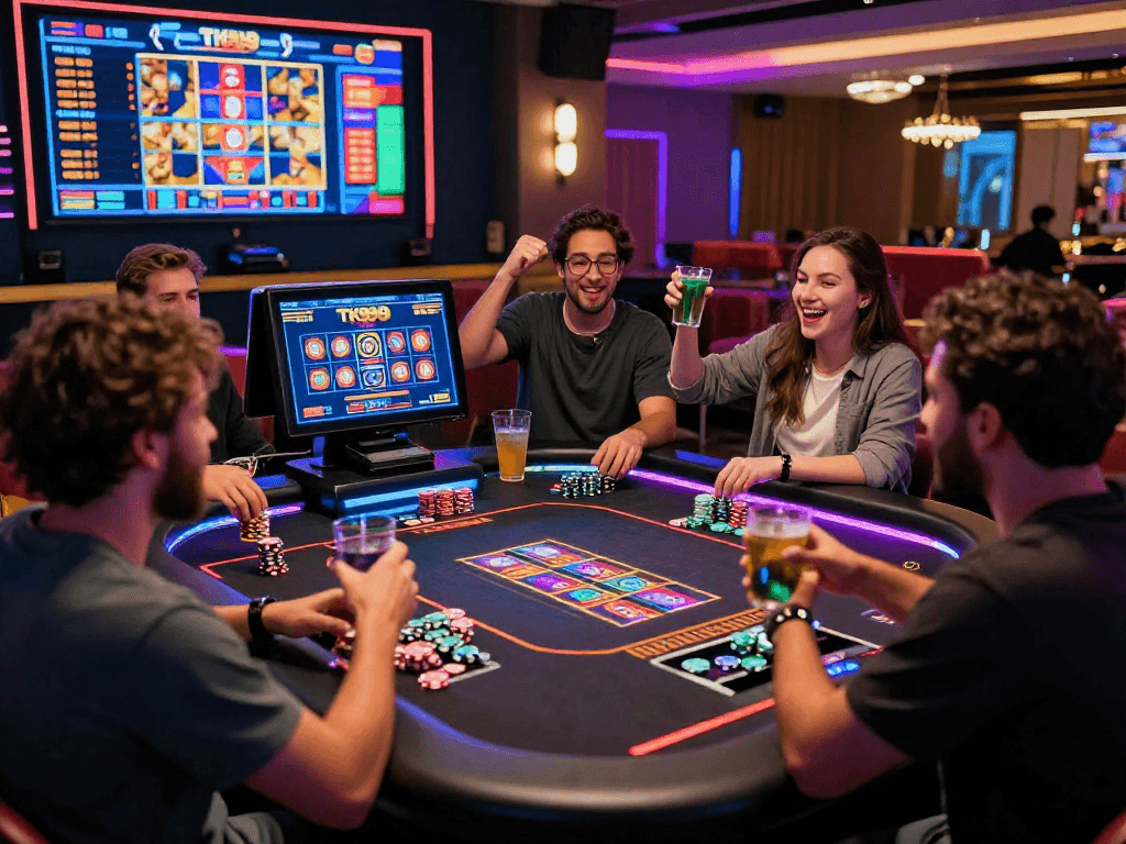 Players celebrating wins at TK999, a premier online casino and sports betting platform with vibrant atmosphere and digital gaming elements.