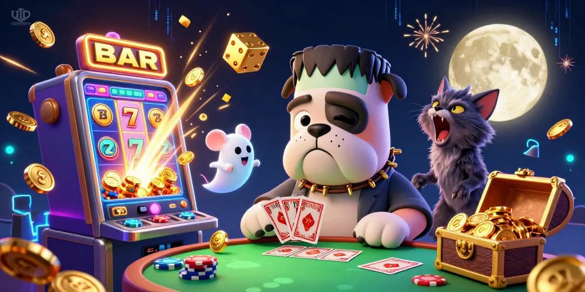 Engage with LUONGSONTV at this vibrant 3D illustration showcasing a lively Frankenstein bulldog dealing cards surrounded by dynamic casino elements.