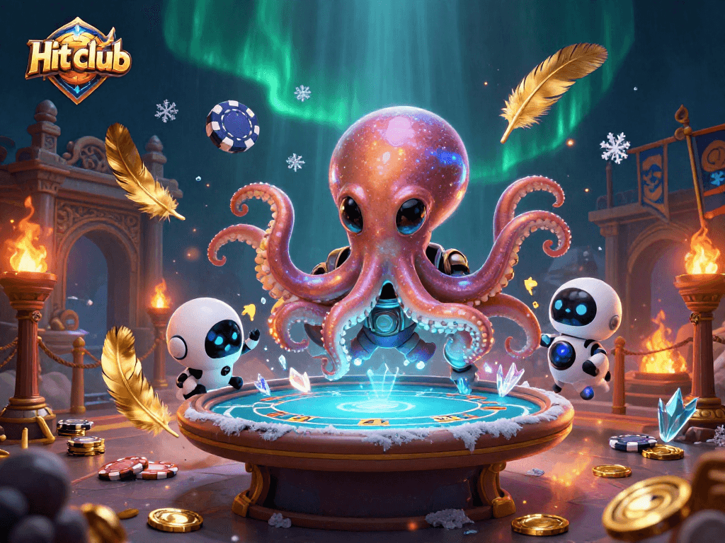 Engage in thrilling poker at Hit club with an alien octopus and robotic companion.