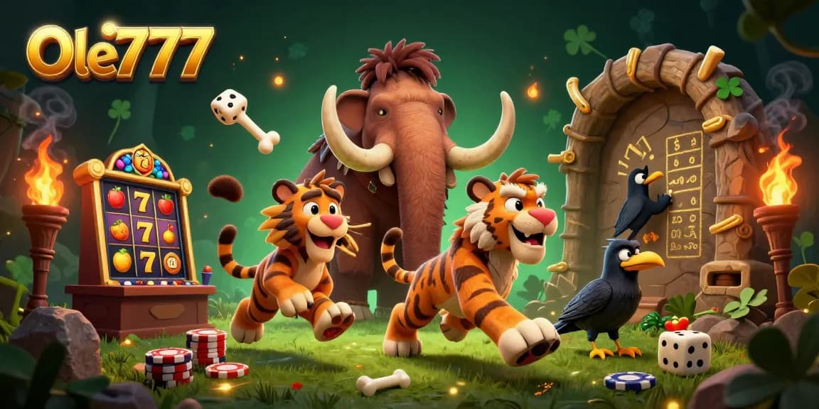 Ole777 engages players in a thrilling prehistoric casino adventure featuring vibrant slot reels and dynamic characters.