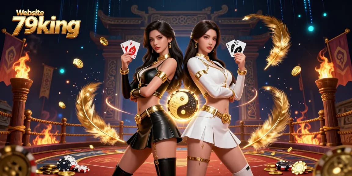 Experience thrilling gameplay with Website 79king as twin Asian women duel with cards amidst vibrant casino visuals.