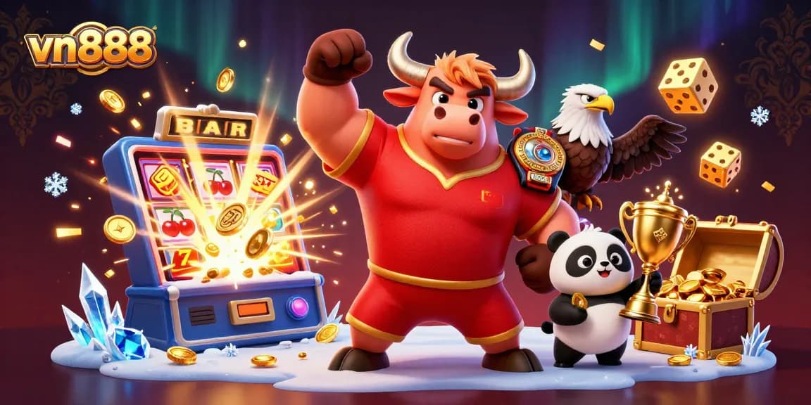 Experience thrilling wins with vn888, featuring a vibrant casino scene with engaging characters and gaming elements.