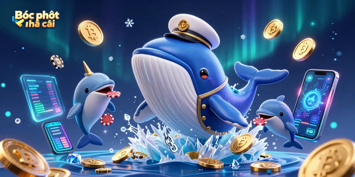 Engage in Bóc phốt nhà cái as whales frolic in a sea of coins amidst crypto elements.