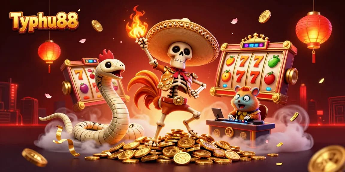 Typhu88 celebrates with vibrant gaming elements, showcasing a lively victory dance amidst glimmering casino treasures.
