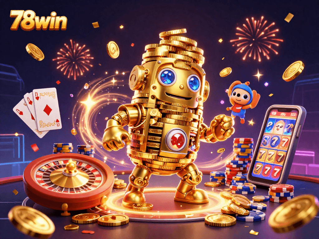 Spin and win at 78win with dynamic golden golem gambling illustration featuring vibrant casino elements.