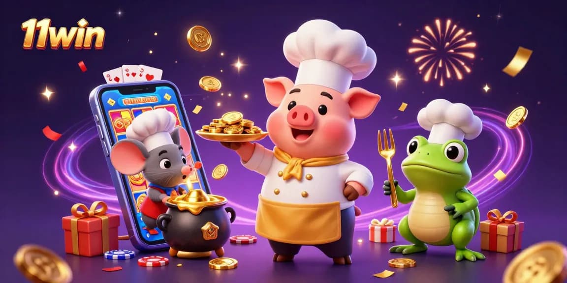 Experience thrilling gameplay with 11win, featuring a pig chef serving gold coins amidst slot games.
