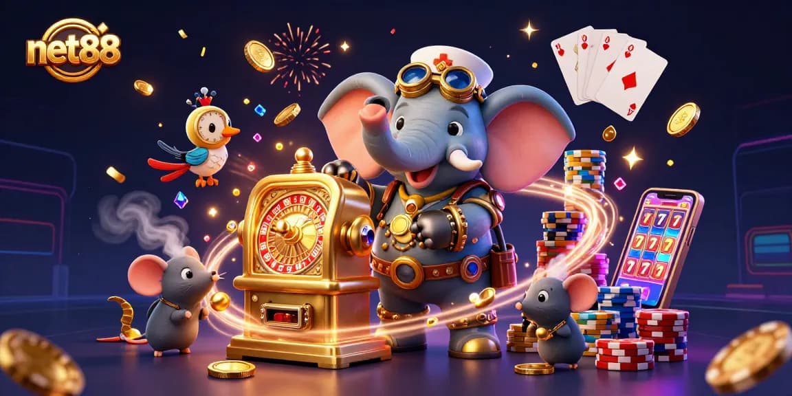 Spinning the golden slot machine with net88 and winning gem stones in a vibrant casino scene.