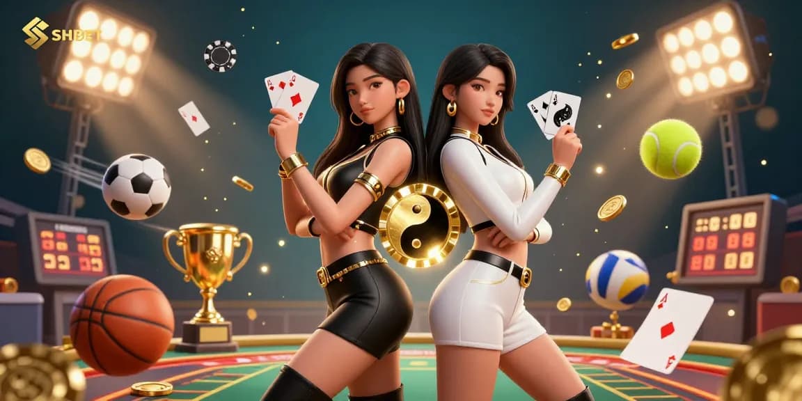 SHBET showcases a vibrant 3D illustration of twin Asian women with playing cards, embodying casino excitement.