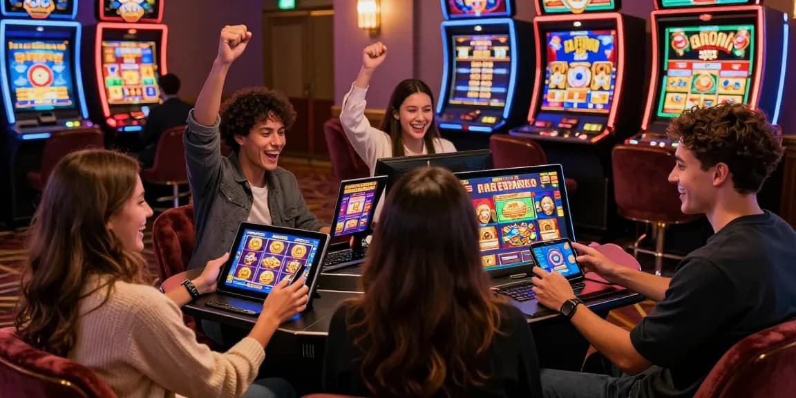 Friends celebrating while playing free spins on registration uk at a vibrant online casino.