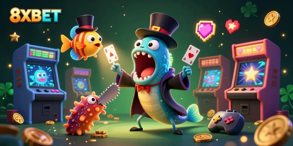 Experience thrilling gameplay at 8XBET with vibrant casino-themed characters and colorful gaming elements.
