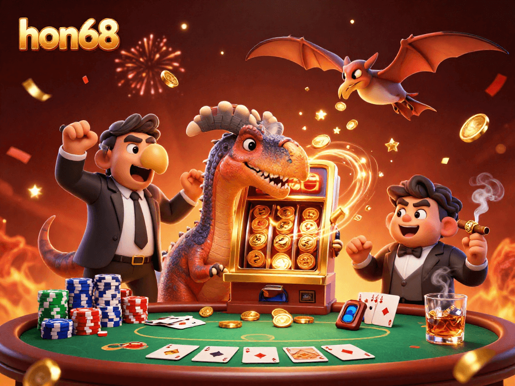 hon68 features playful dinosaur characters celebrating big wins at a slot machine in a colorful casino.