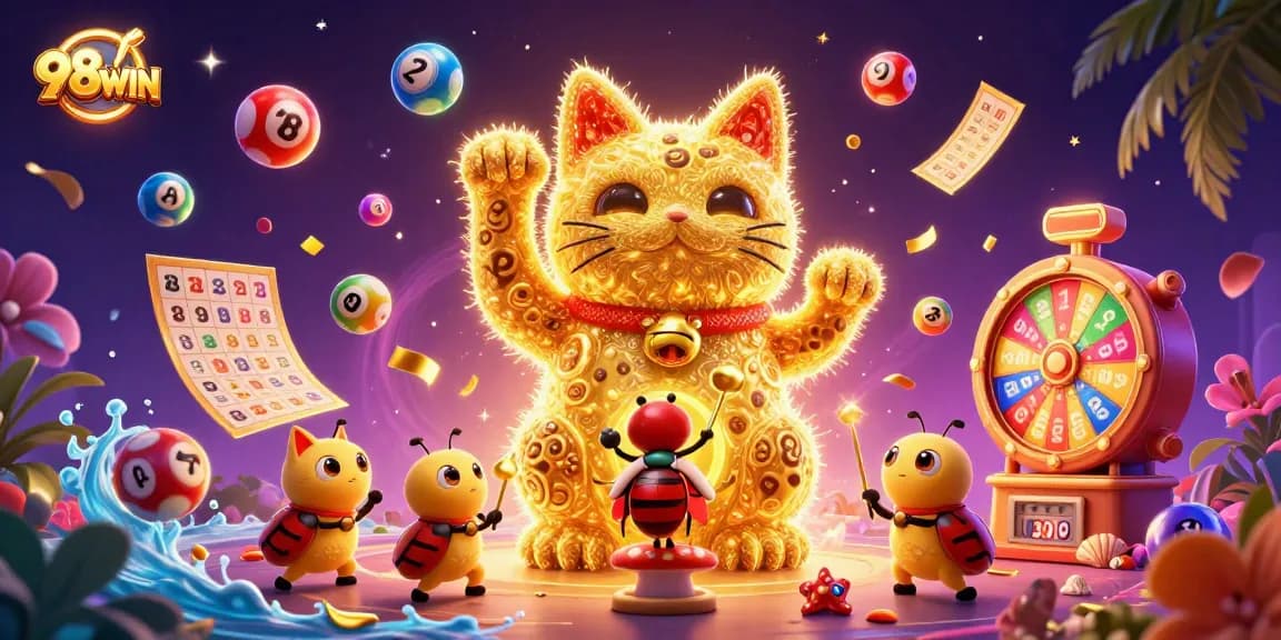 Immerse in the excitement of 98WIN as golden fireflies represent luck amidst vibrant casino elements.