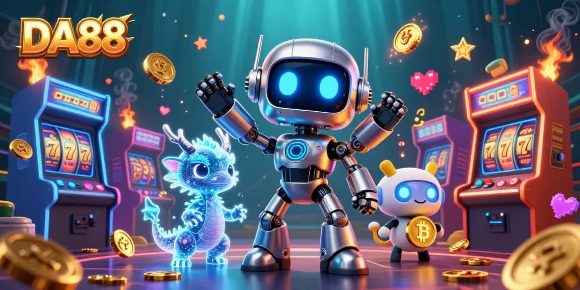 Experience thrilling slots with DA88's cyberpunk robot mascot in a vibrant casino setting.