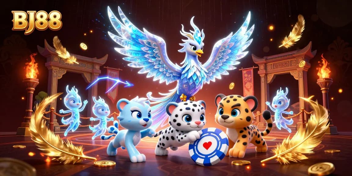Experience thrilling gaming with BJ88 in this vibrant 3D illustration featuring a mystical phoenix and playful elements.