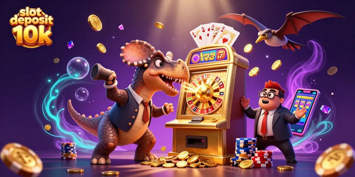 Experience the excitement of slot deposit 10k with a dynamic 3D scene of dinosaurs and golden coins.