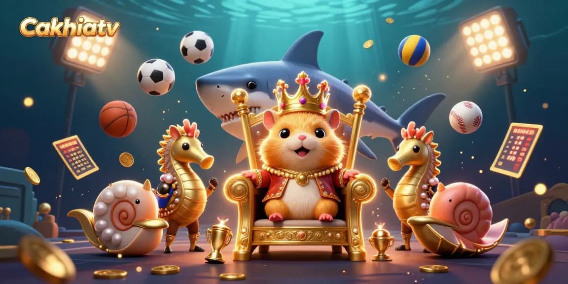 CakhiaTV showcases an epic underwater casino scene with a golden hamster king and seahorse guards amidst dynamic sports elements.