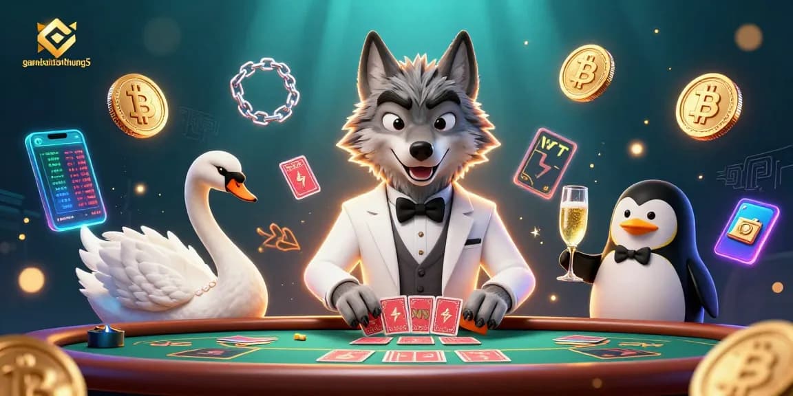 Engage with gamebaidoithuong5 at a baccarat table, surrounded by crypto coins and dynamic game elements.