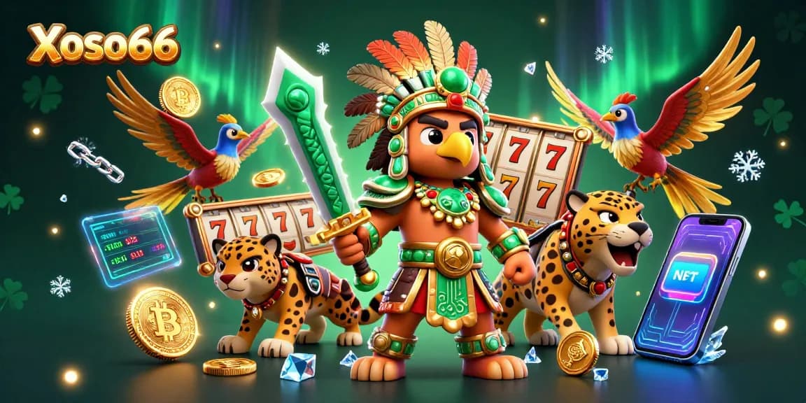 Xoso66 presents an exciting gaming scene with Aztec warriors, slot reels, and crypto elements, immersing players in action.