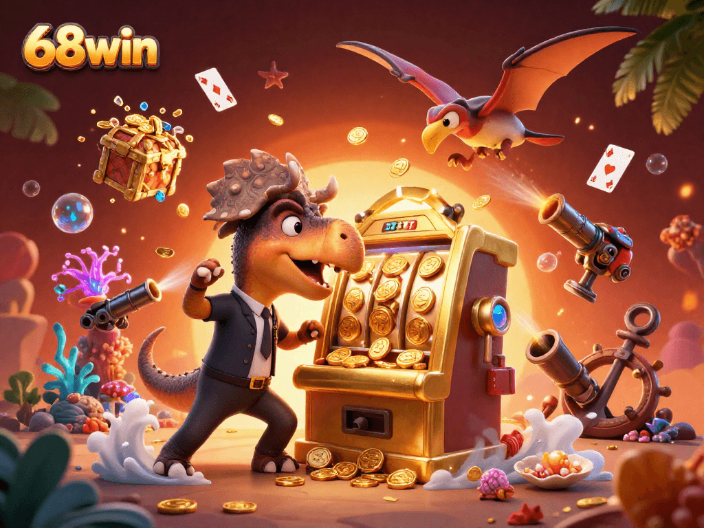 Experience thrilling wins at 68win with a cartoon pachycephalosaurus hitting a golden slot machine in a vibrant casino scene.