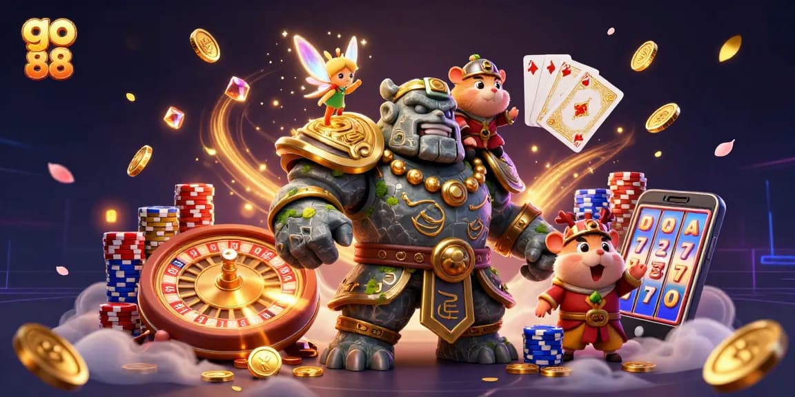 Engage with go 88 as the ancient stone golem guardian and tiny fairy create magic in a vibrant casino scene.