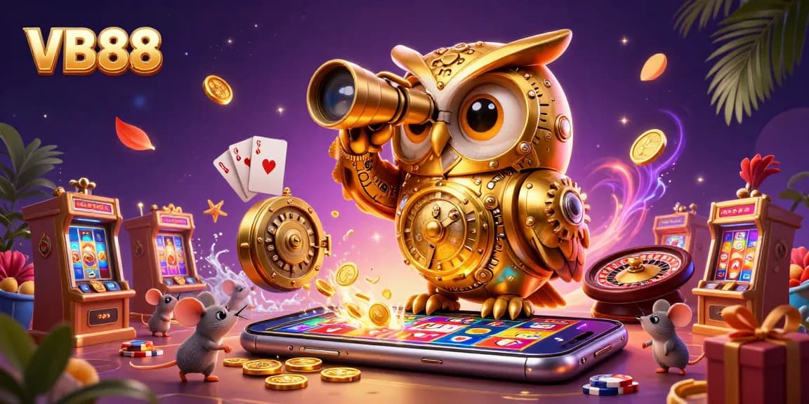 Engage with VB88 in a vibrant casino scene featuring animated characters and rich game elements.