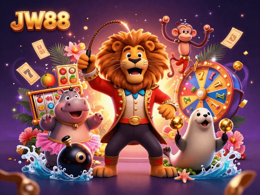 Engage in thrilling entertainment at JW88 with vibrant characters and casino games illustrated in a dynamic 3D scene.
