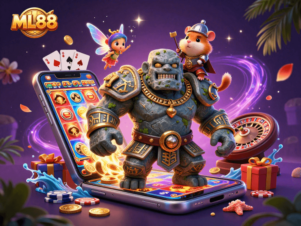 ML88 offers vibrant casino excitement as a golem guardian comes alive with magic in an enchanting world.