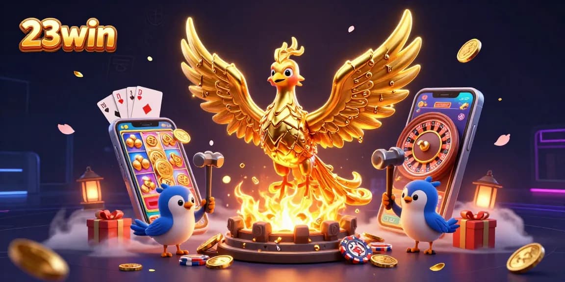 Experience the thrill of 23win with vibrant slots and dynamic casino action in a stunning 3D illustration.