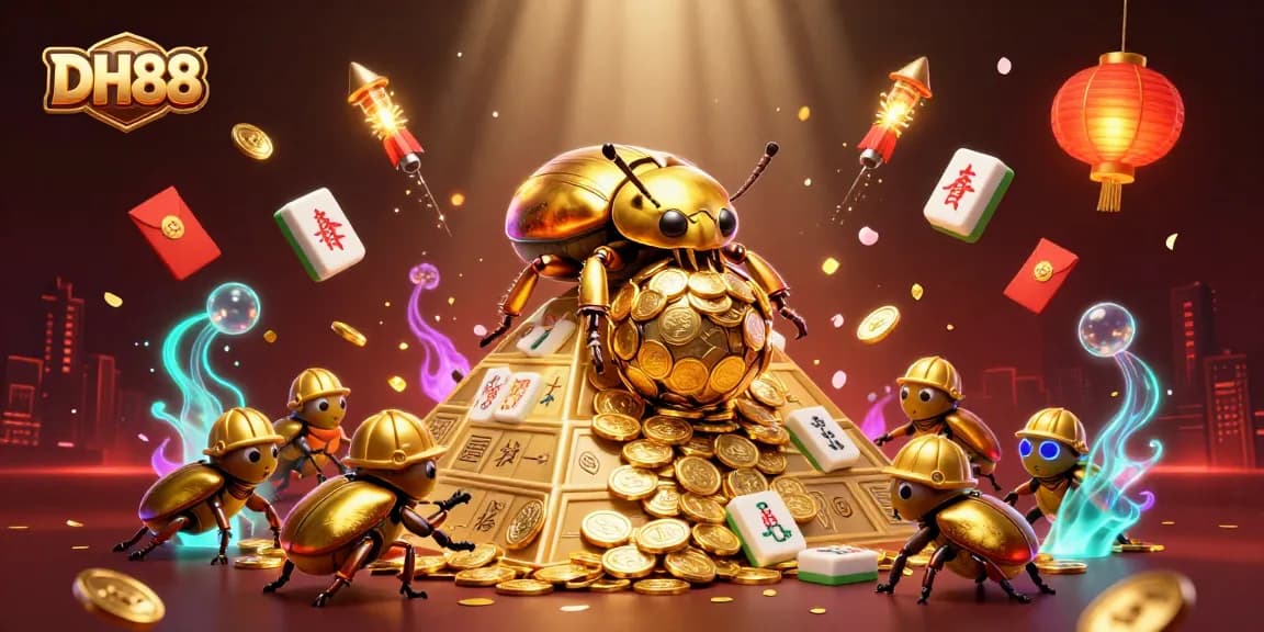 Engage with DH88’s casino world by witnessing a massive golden dung beetle rolling a coin ball up a pyramid, surrounded by festive elements.