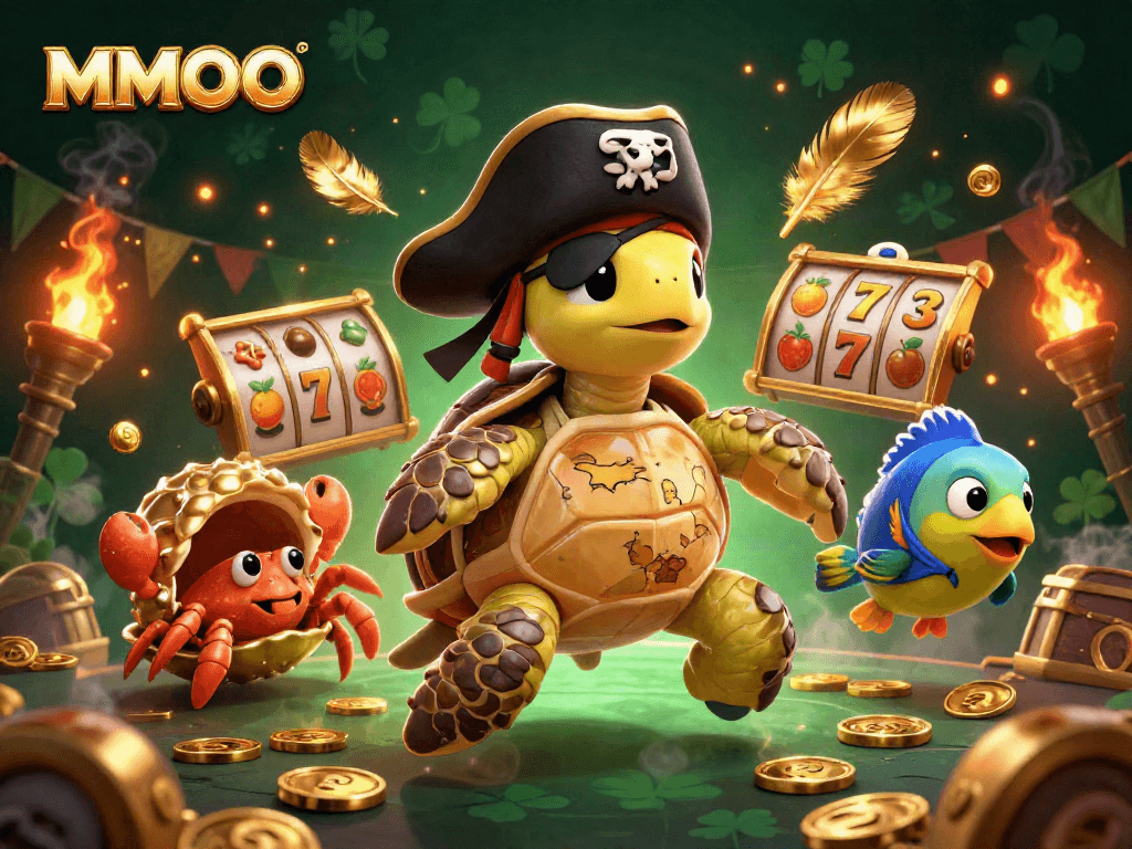 Experience a vibrant MMOO casino scene with a pirate turtle and treasures, capturing gambling excitement.