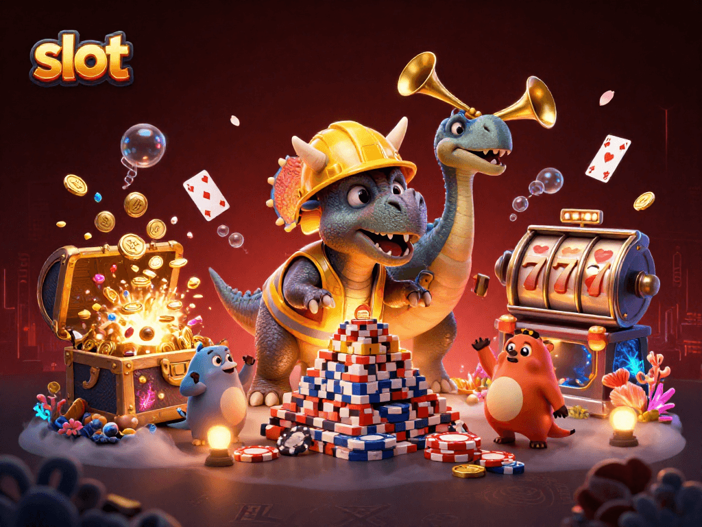 Engaging slot gaming scene with cartoon dinosaurs building poker chip pyramids and celebrating victory.