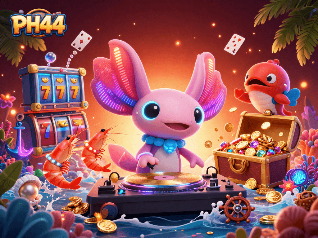 Engage in vibrant gaming at PH44 with an underwater DJ scene filled with slots and treasure.