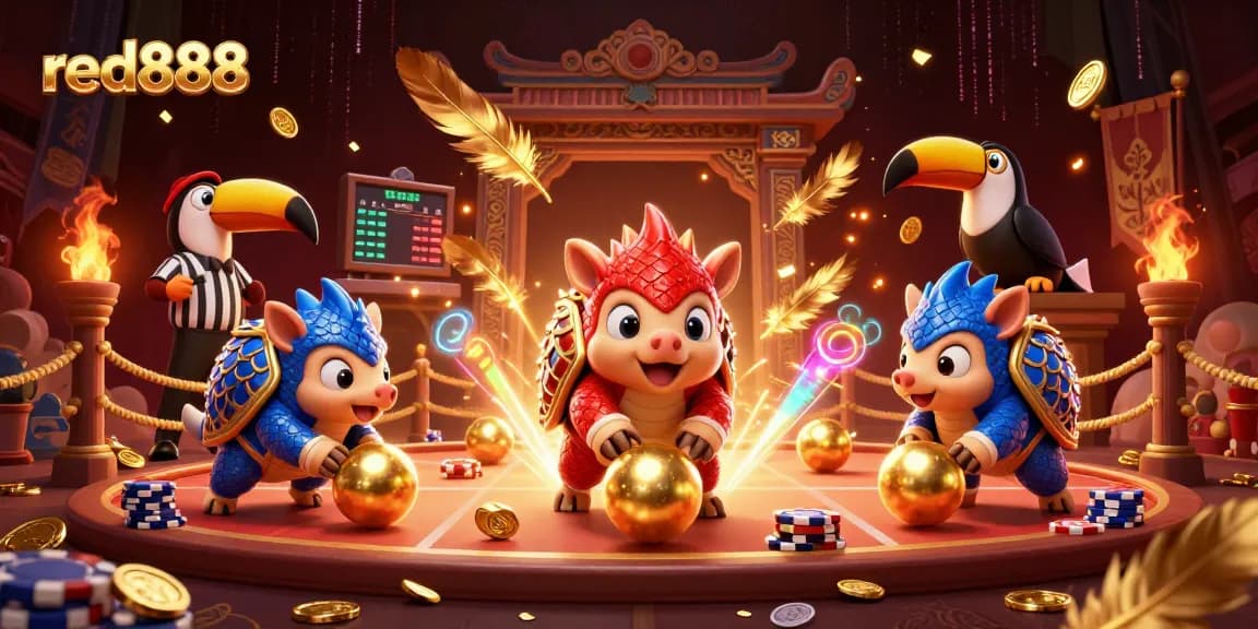 Experience a thrilling clash in red888's vibrant casino world with playful pangolins and golden chips.