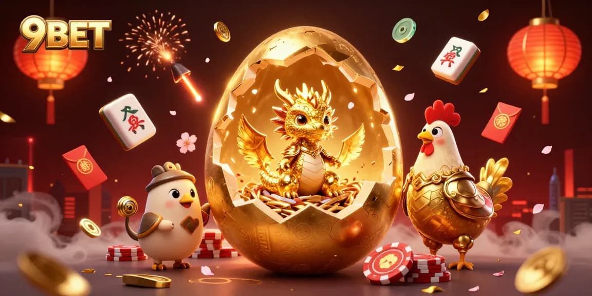 Win big with 9BET in a vibrant casino scene featuring golden dragon and poker chips.