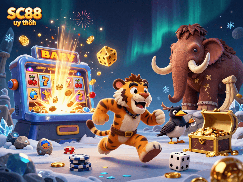 Win big with SC88 uy tín at the prehistoric casino alongside a caveman and sabertooth tiger.