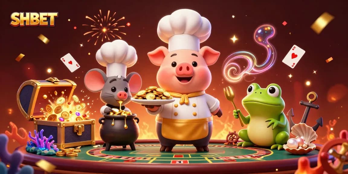 SHBET players celebrating with a chef pig, gourmet gold coins, and live casino elements.