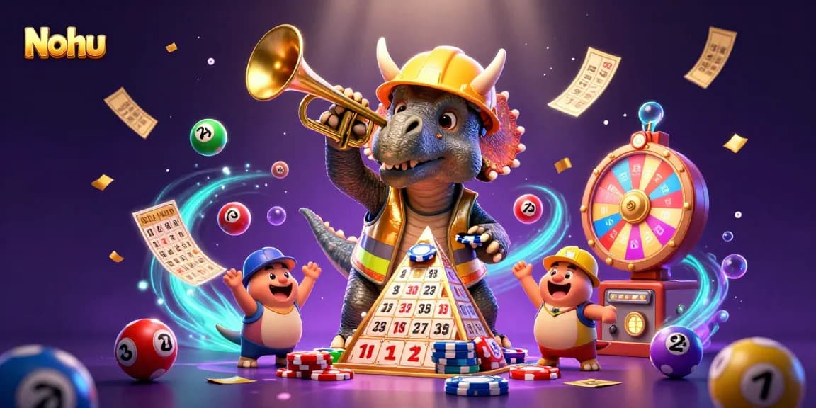 Nohu's vibrant underwater casino scene features a triceratops and parasaurolophus celebrating jackpots with colorful game elements.