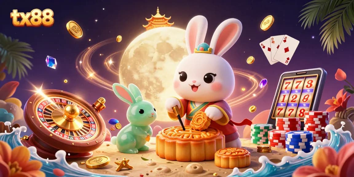 tx88 illustration featuring a moon rabbit playing slots with poker chips and vibrant casino elements