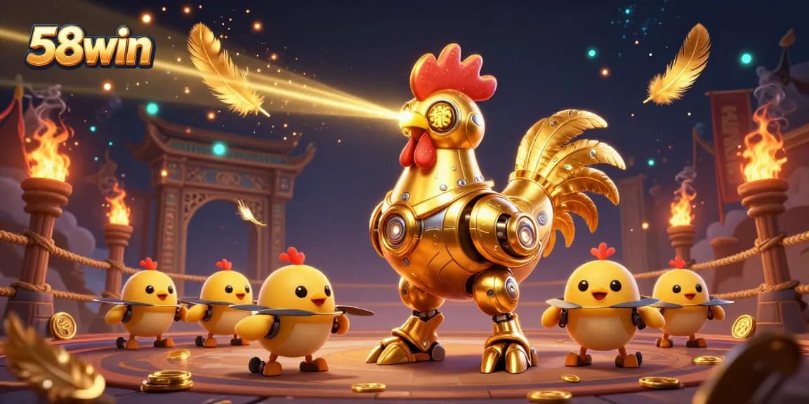 Engage in thrilling 58win casino action with a retro-futuristic rooster robot surrounded by dynamic elements.