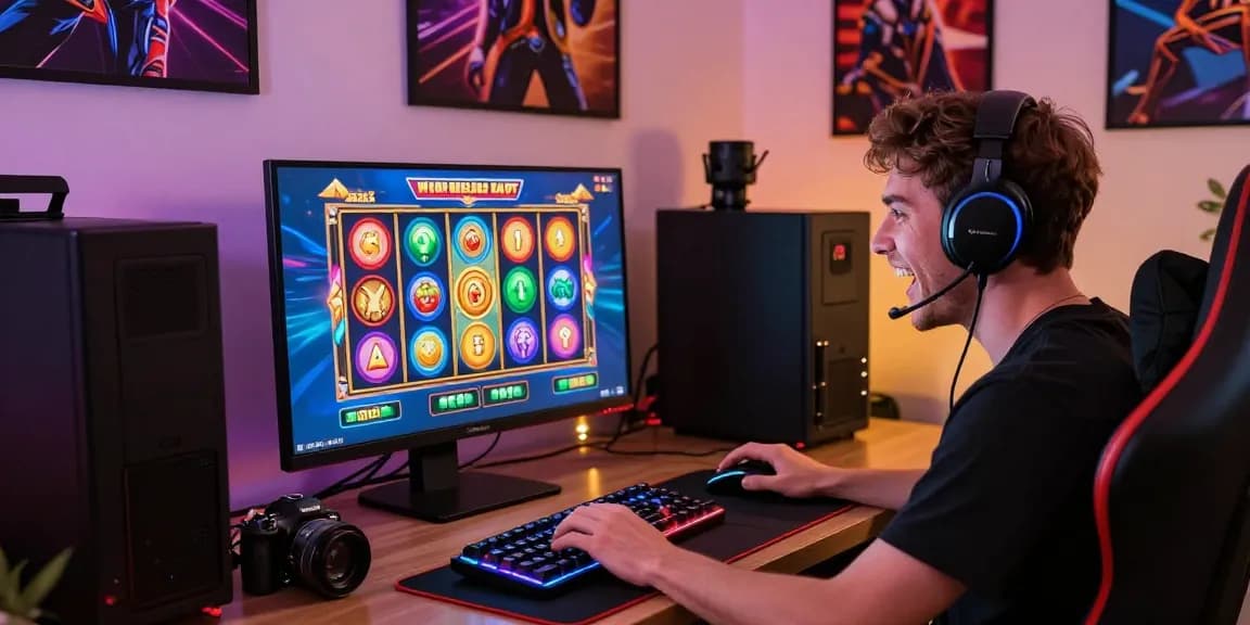 Situs slot deposit 10 ribu player enjoying a vivid online gaming experience surrounded by gaming accessories in a cozy atmosphere.