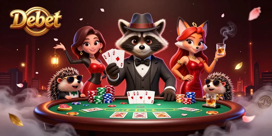 Debet showcases a charming raccoon with poker skills at a vibrant casino table.