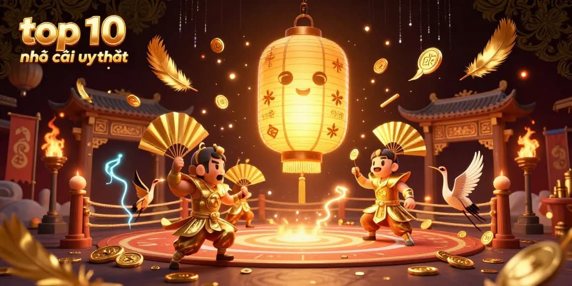 Engaging scene featuring top 10 nhà cái uy tín with a golden lantern spirit and warriors in a lively casino atmosphere.