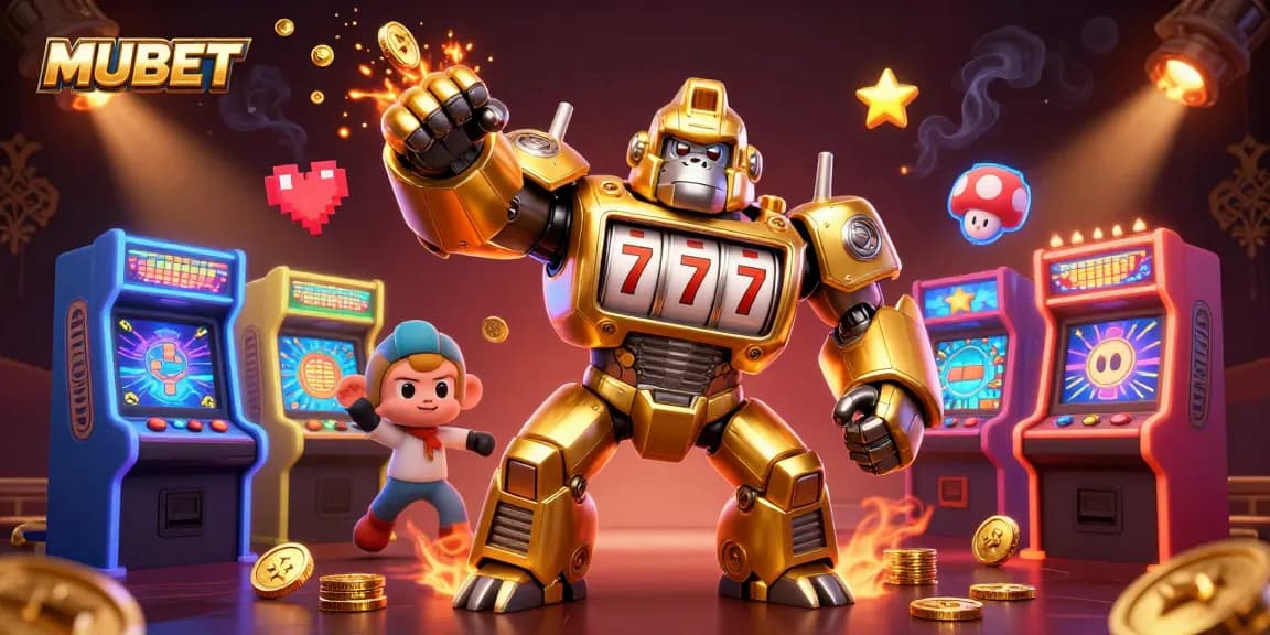 MUBET showcases an exciting 3D illustration of a golden gorilla mech celebrating casino wins with vibrant game themes.
