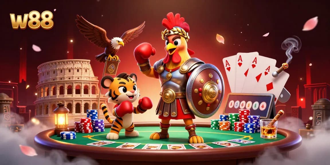 Experience the excitement of w88 with a dynamic casino scene featuring poker elements and colorful characters.