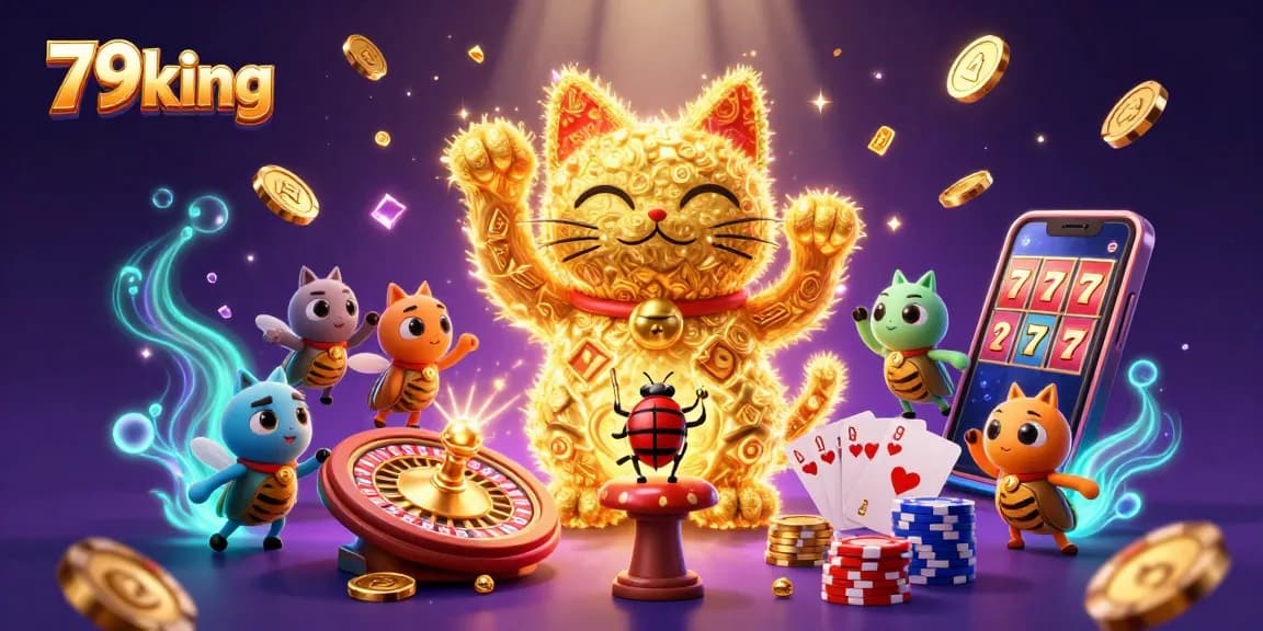 79king captivates players with a vibrant illustration of a lucky cat amidst casino symbols and rich game elements.