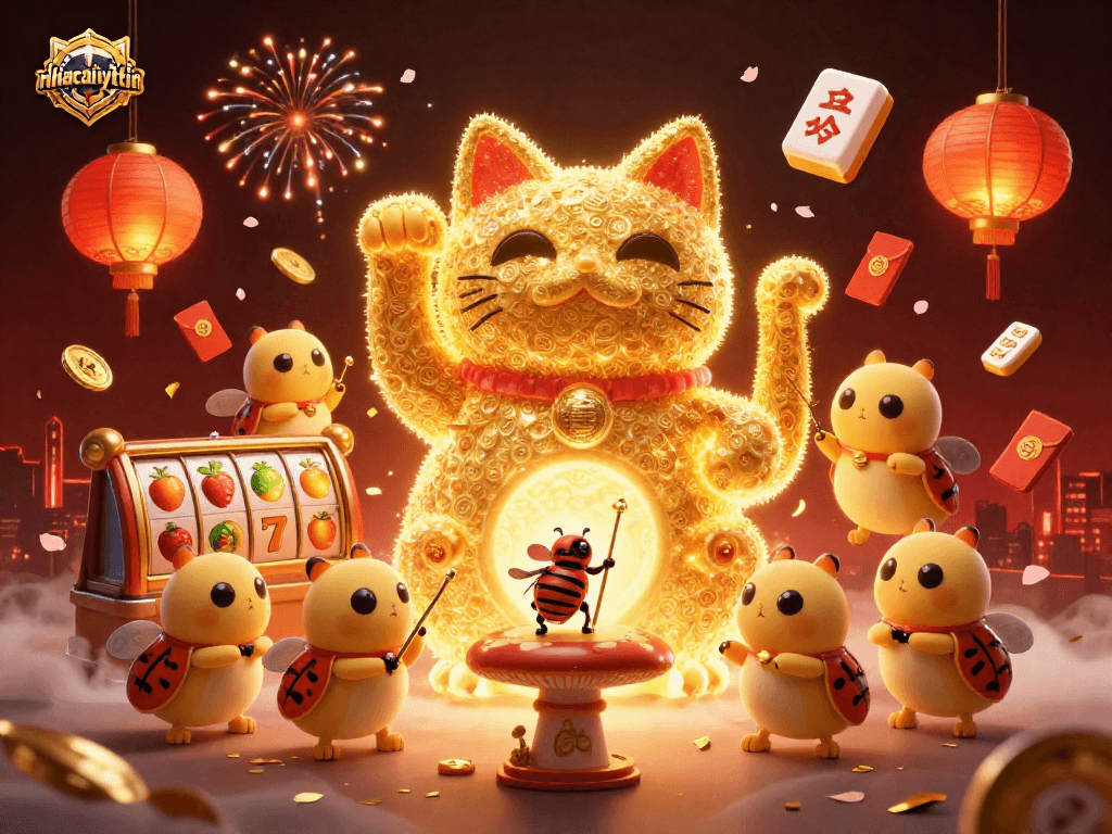 nhacaiuytin enchanting casino scene with a lucky cat and vibrant slot symbols