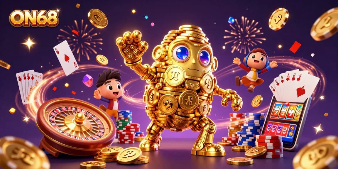 Experience thrilling gaming with ON68's golden golem and vibrant casino elements.
