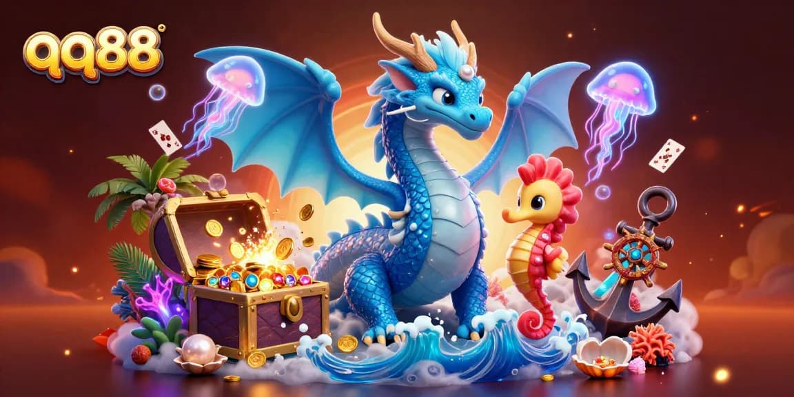 Engage with qq88's vibrant underwater casino adventure featuring a majestic dragon and treasure.